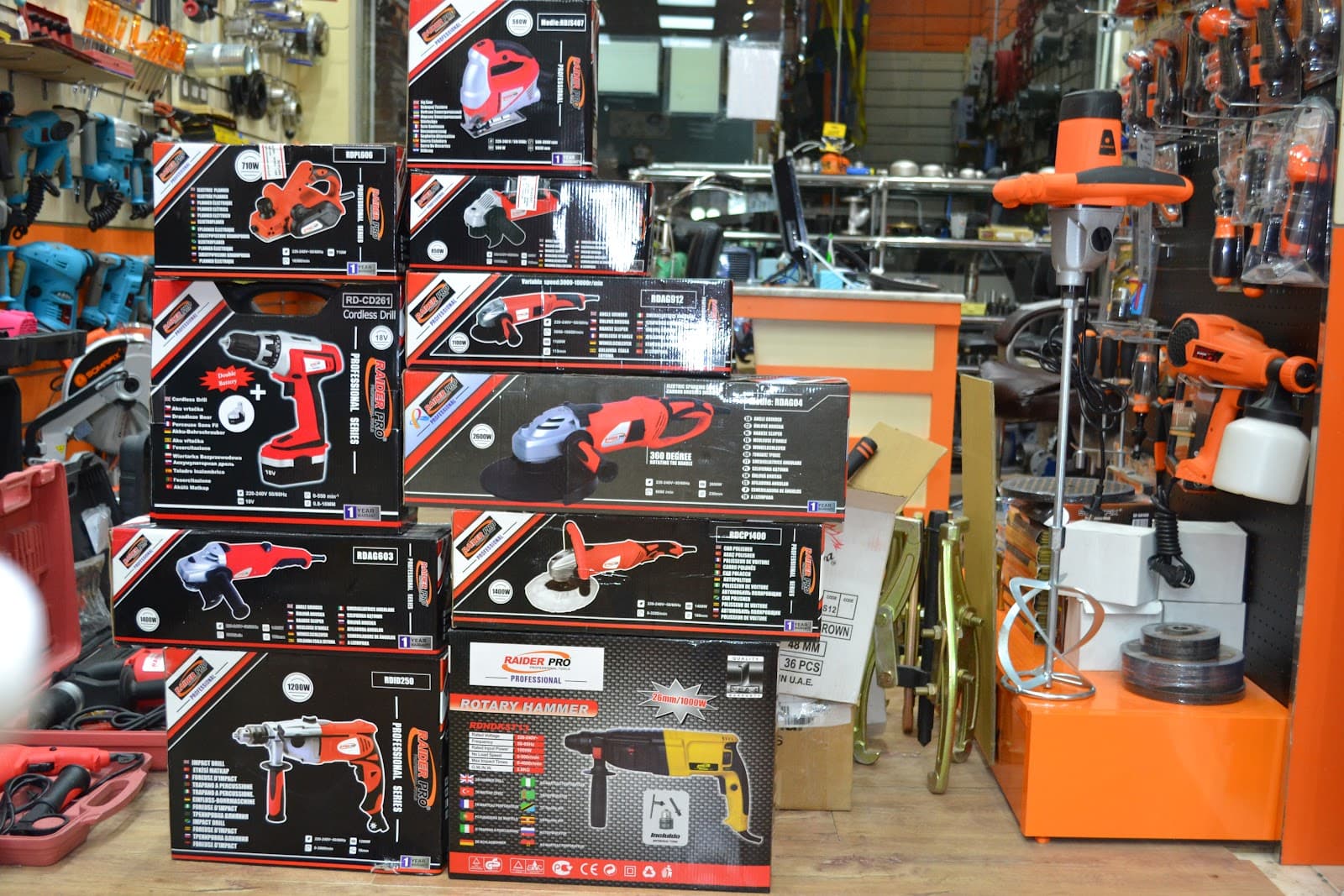 Raider Pro power tools on the shelves of our trade counter, Deira
